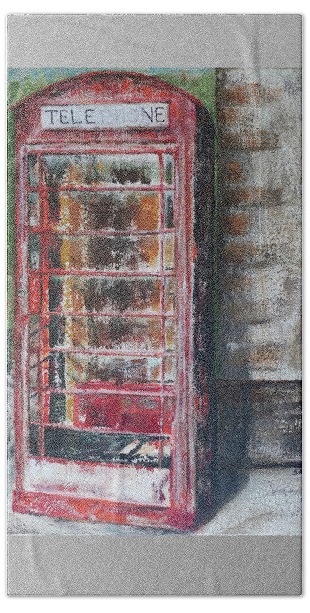 Scotland England Abandoned Red Telephone Booth Vintage Creepy Broken Texture Whisky Bath Towel featuring the painting Disconnected by Brenda Salamone