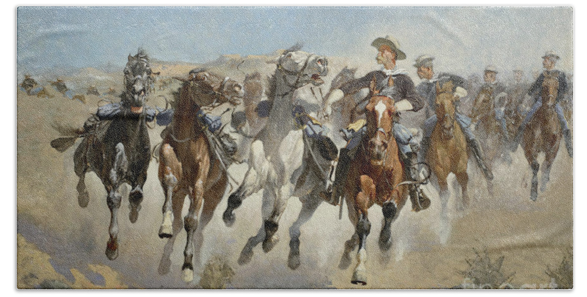 Remington Hand Towel featuring the painting Dismounted The Fourth Troopers Moving the Led Horses by Frederic Remington
