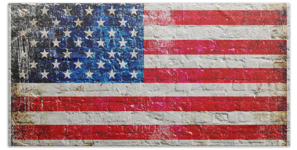 Wall Hand Towel featuring the digital art Distressed American Flag On Old Brick Wall - Horizontal by M L C