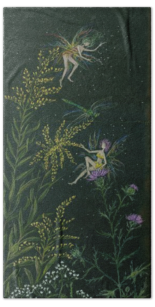 Fairy Bath Towel featuring the drawing Ditchweed Fairies Goldenrod and Thistle by Dawn Fairies