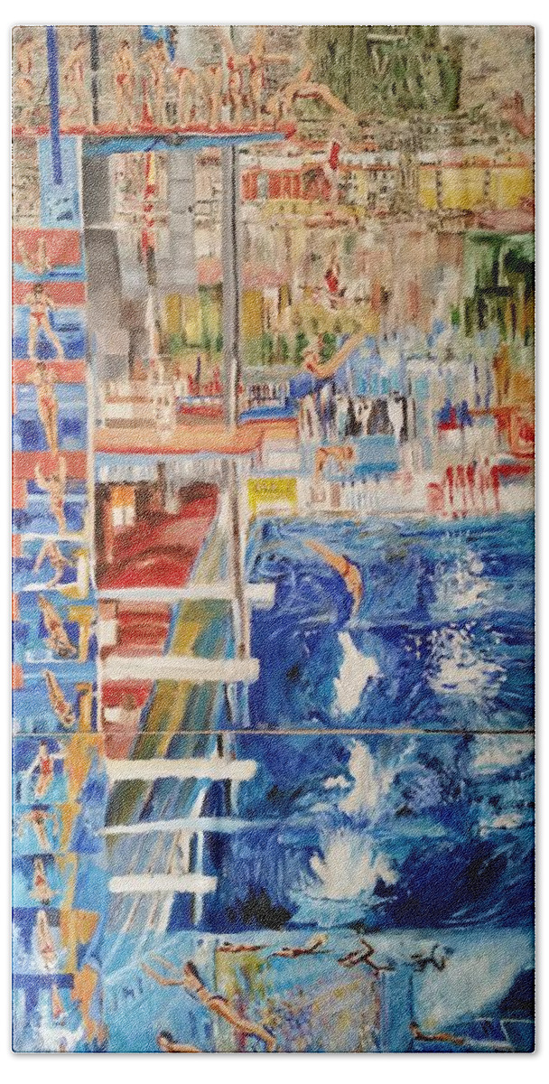 Platform Bath Towel featuring the painting Diving Competition by Bachmors Artist