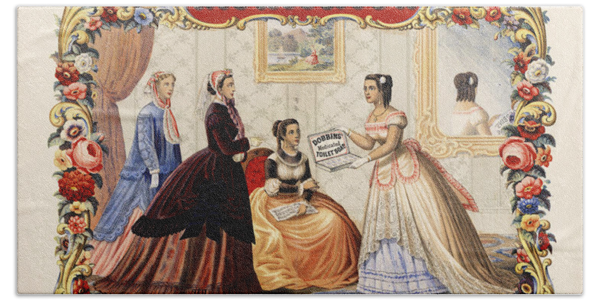 Soap Advertising Hand Towel featuring the painting Dobbins medicated toilet soap advertising 1869 by Vincent Monozlay
