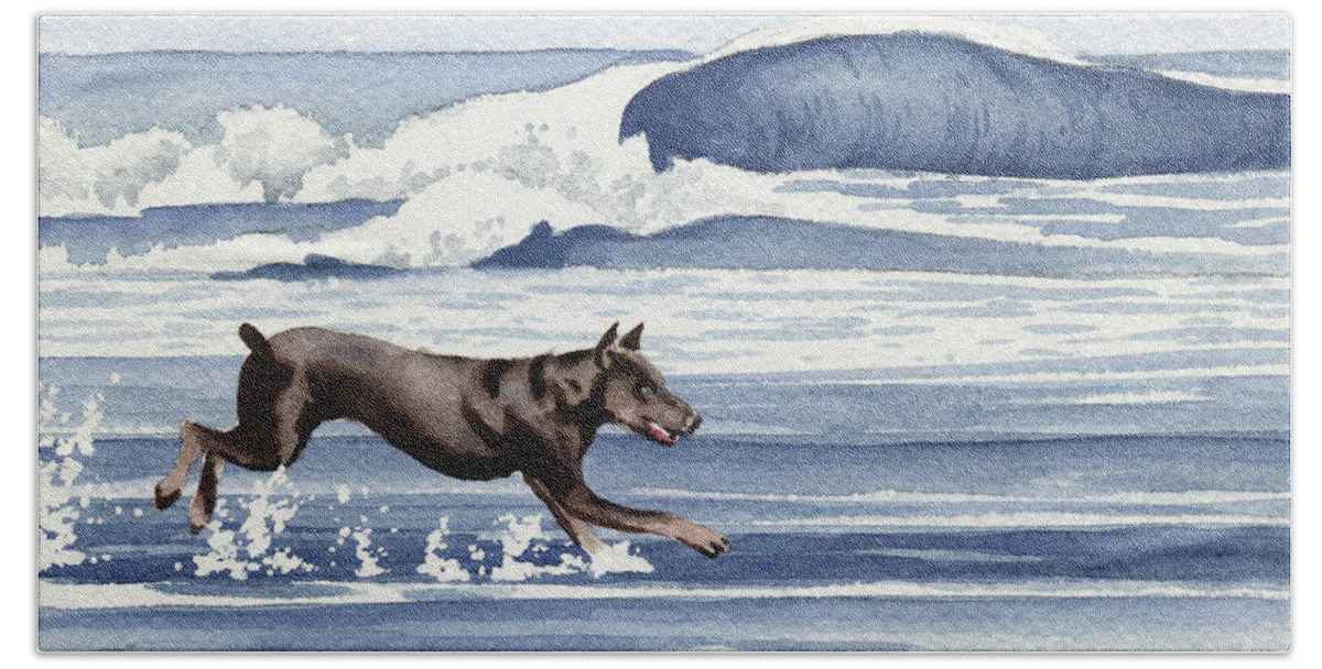 Doberman Hand Towel featuring the painting Doberman at the Beach by David Rogers