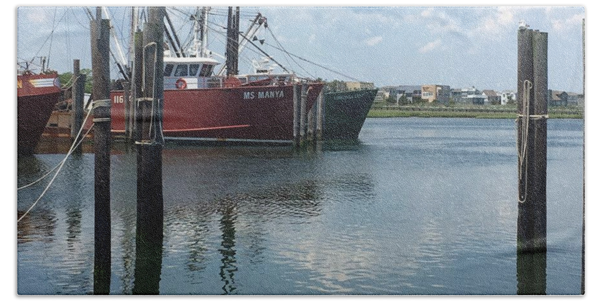 Red Boat Hand Towel featuring the photograph Docked at Barnegat Light by Dottie Visker