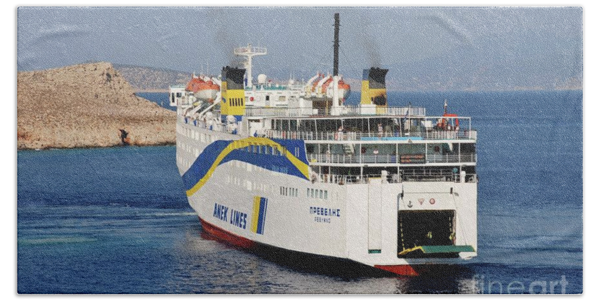Halki Hand Towel featuring the photograph Docking ferry on Halki by David Fowler