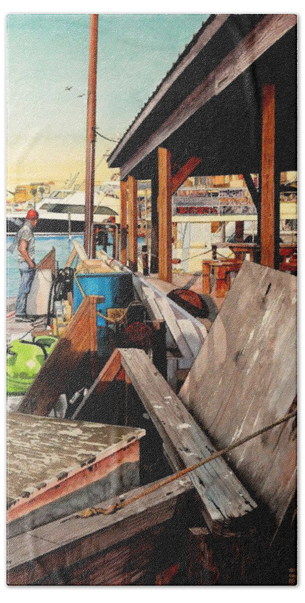 Landscape Bath Towel featuring the painting Docks at Port Aransas by Robert W Cook