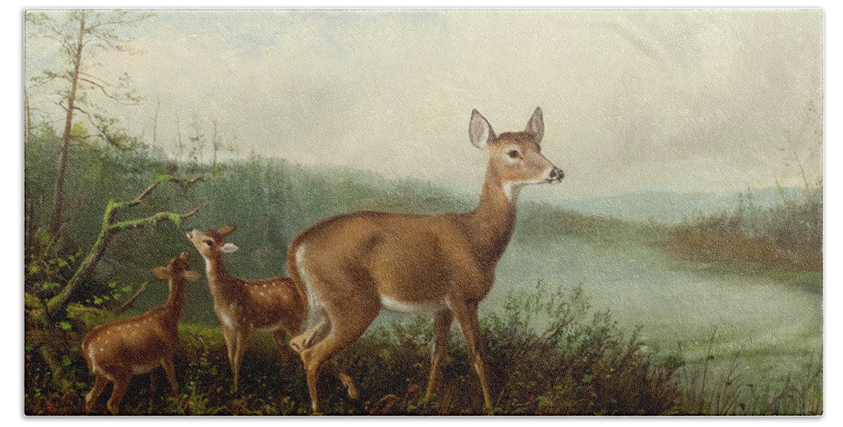Arthur Fitzwilliam Tait (18191905) Doe And Fawns By Long Lake Bath Towel featuring the painting Doe and Fawns by Long Lake by MotionAge Designs