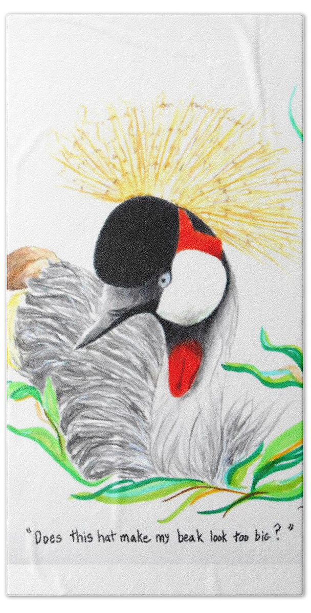 Fowl Hand Towel featuring the drawing Does This Hat Make My Beak Look Too Big? -- Drawing of Crowned Crane by Jayne Somogy