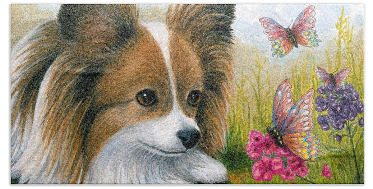 Dog Bath Towel featuring the painting Dog 123 Papillon by Lucie Dumas