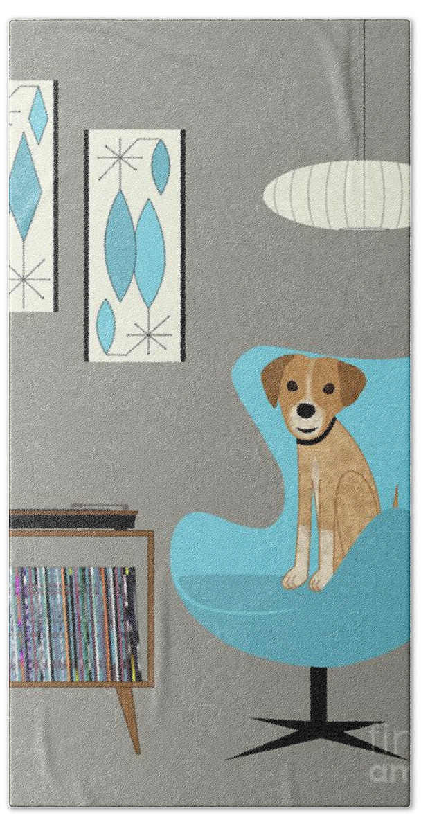 Mid Century Chair Bath Towel featuring the digital art Dog in Egg Chair by Donna Mibus