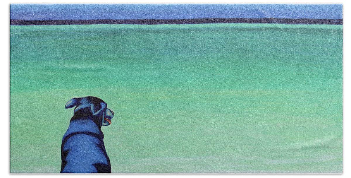 Blue Dog Bath Towel featuring the painting Black Lab Dog on the Beach by Robyn Saunders