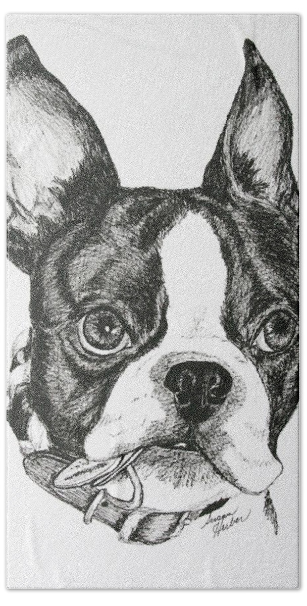 Boston Terrier Hand Towel featuring the drawing Dog Tags by Susan Herber