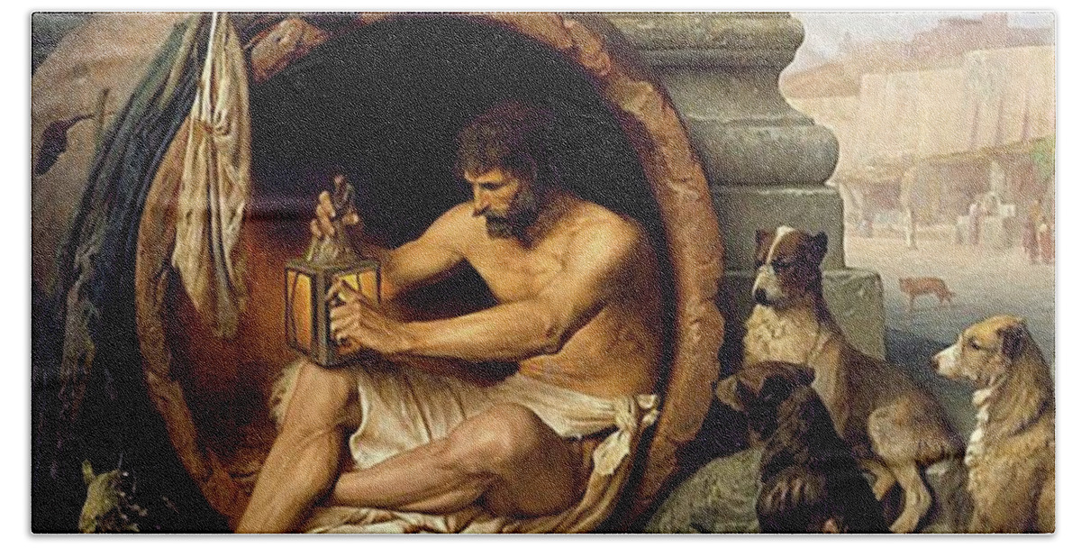 Dog Bath Towel featuring the mixed media Dogs - Diogenes - Mans Best Friend by Jean Leon Gerome 1859