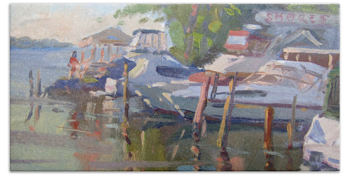 Dock Hand Towel featuring the painting Docks at the Shores by Ylli Haruni