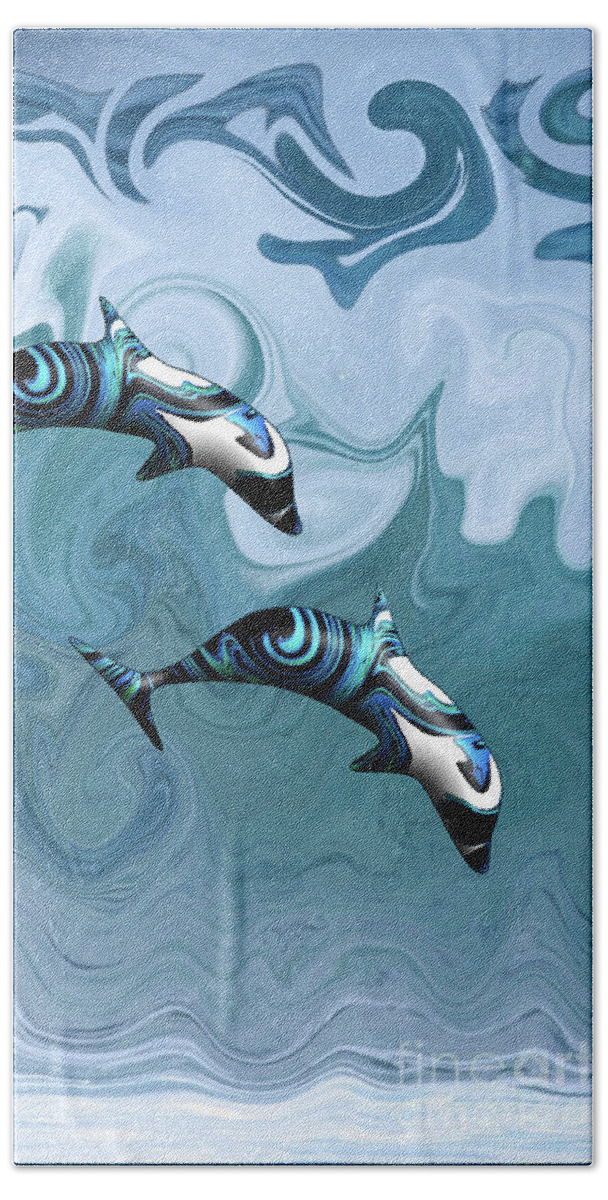 Dolphins Hand Towel featuring the digital art Psychedelic Dolphins Surfing in the Waves by Barefoot Bodeez Art