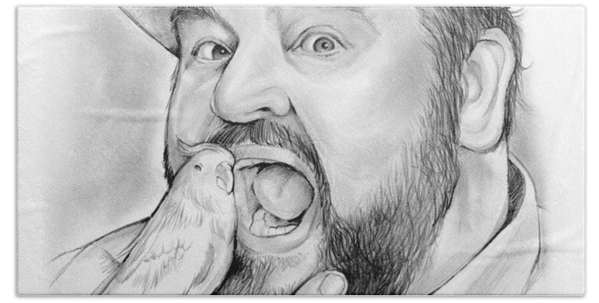 Dom Deluise Hand Towel featuring the drawing Dom DeLuise by Greg Joens