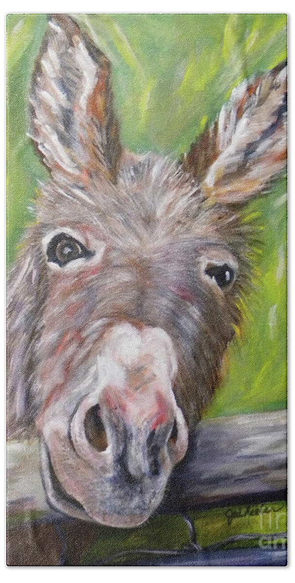 Donkey Hand Towel featuring the painting Dominic the Donkey by JoAnn Wheeler