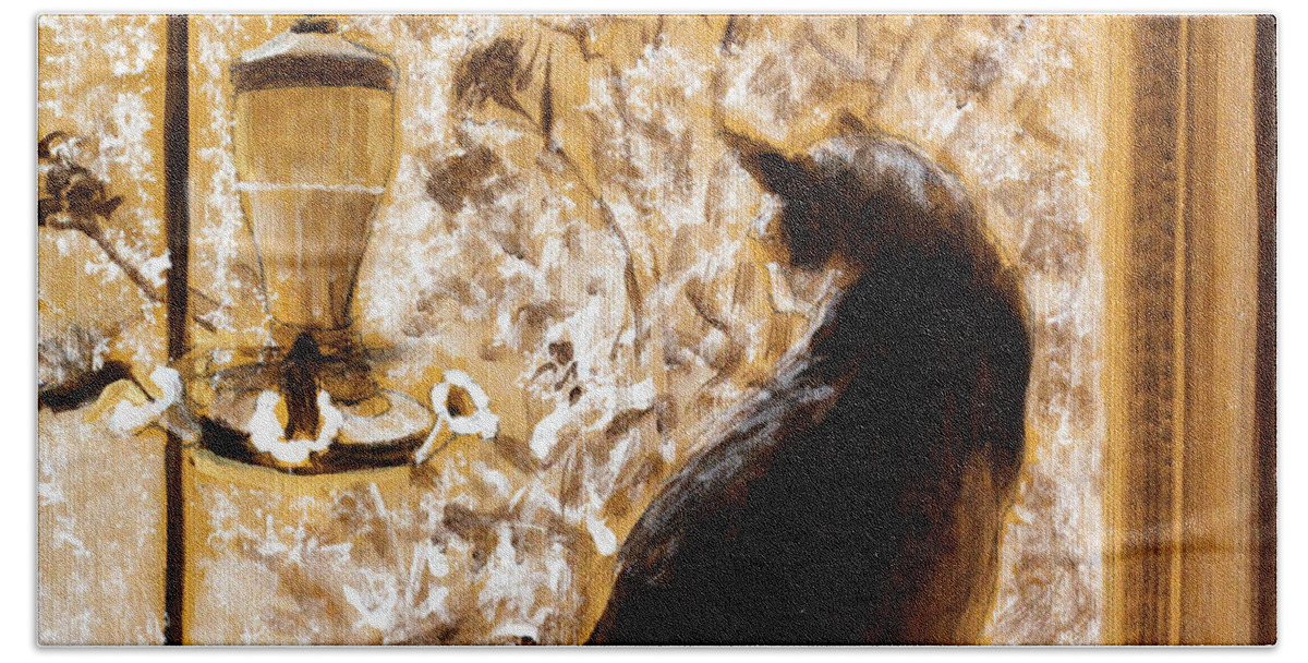 Cat At The Window Hand Towel featuring the painting Don't Fly Away by David Zimmerman