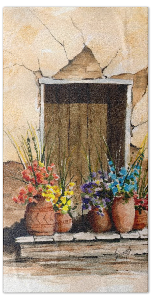 Door Bath Towel featuring the painting Door With Flower Pots by Sam Sidders