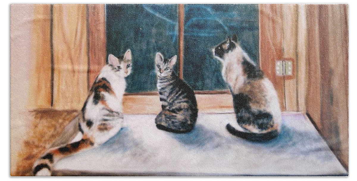 Cats Hand Towel featuring the pastel Doreen's Cats by Larry Whitler