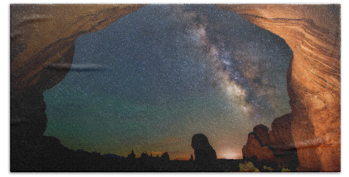 Starry Night Hand Towel featuring the photograph Double Arch Milky Way Views by Darren White