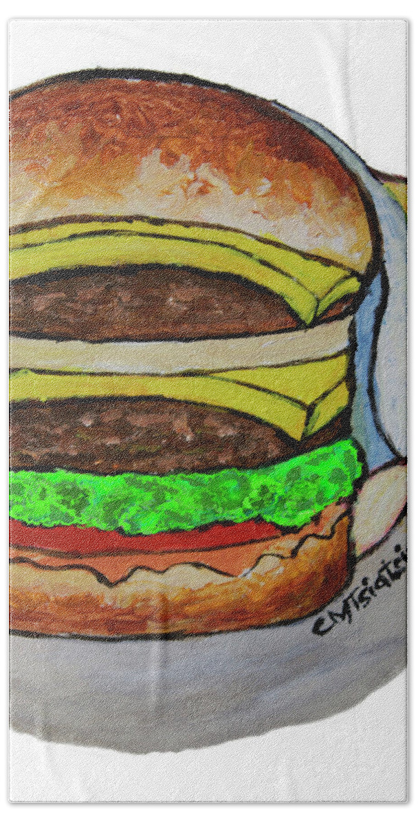Double Cheeseburger Bath Towel featuring the painting Double Cheeseburger by Carol Tsiatsios