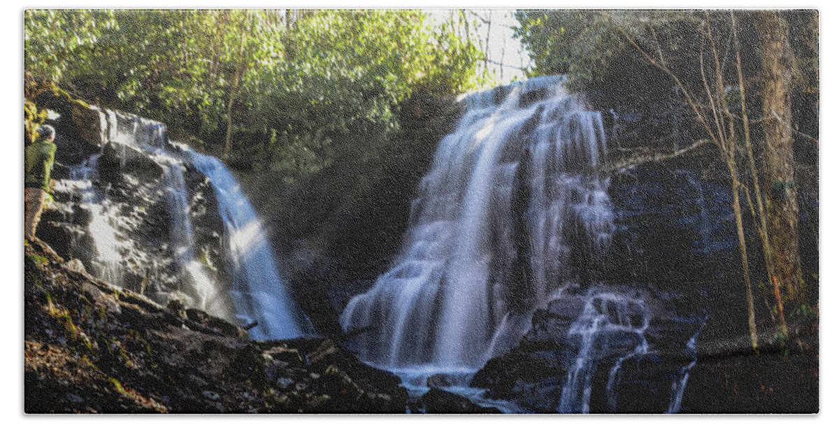 Waterfalls Two Streams Coming Together Hand Towel featuring the photograph Double Falls by Chuck Brown