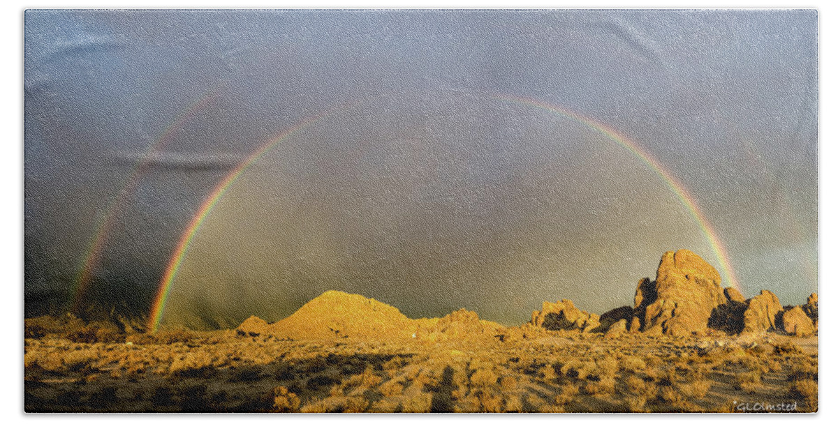 Landscape Bath Towel featuring the photograph Double rainbow gold by Gaelyn Olmsted