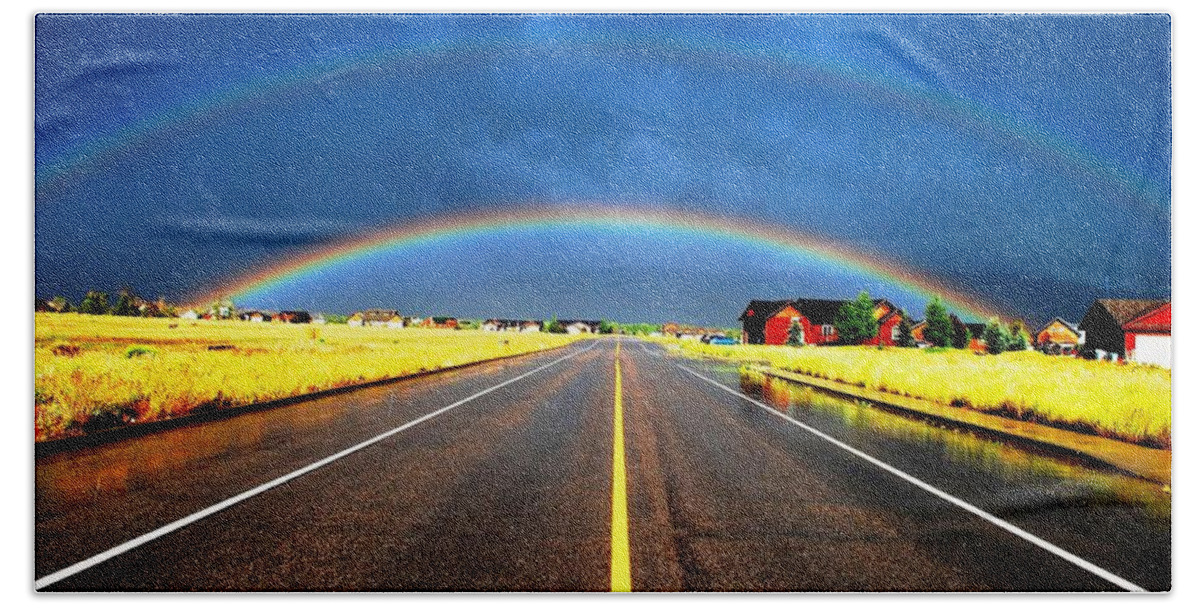 Rainbow Bath Towel featuring the photograph Double Rainbow over a Road by Matt Quest