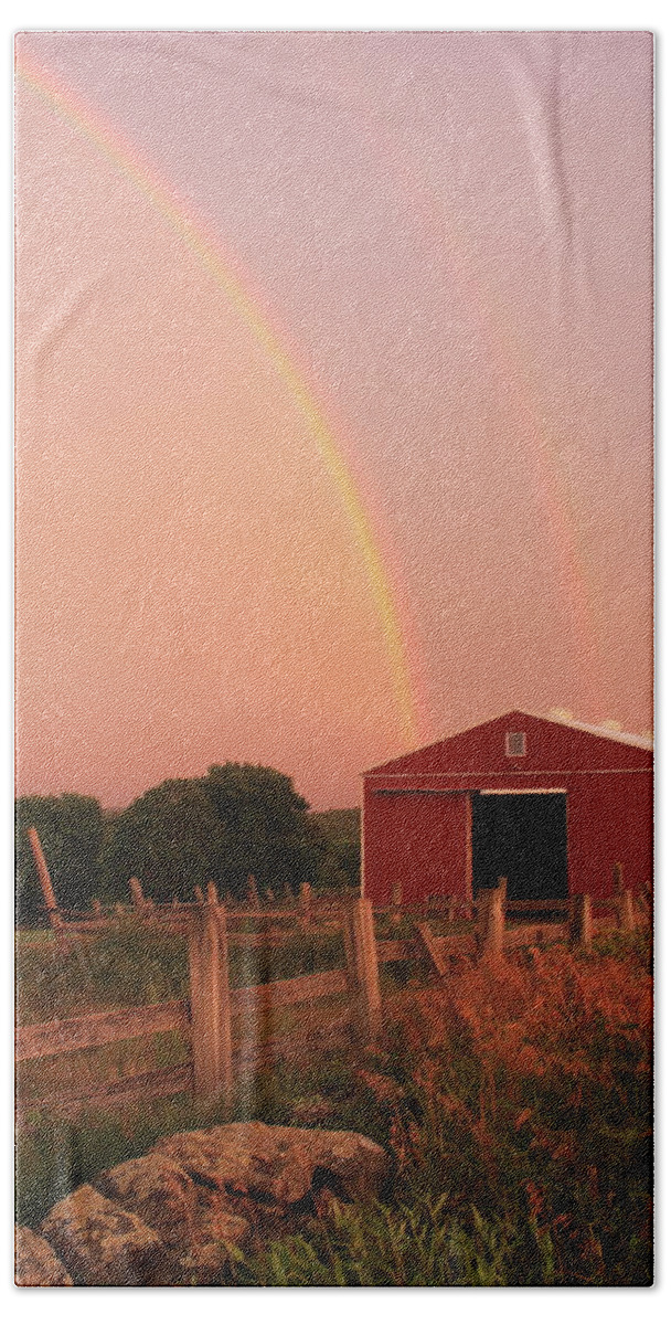 Rainbow Bath Towel featuring the photograph Double Rainbow over Red Barn by John Burk