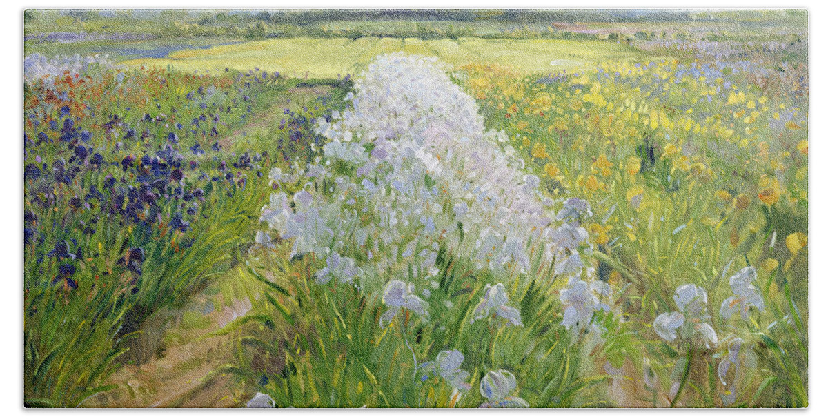 Iris; Field; Flower; Landscape; Irises; Flowers; Grass; Fields; Leaf; Leafs; Tree; Trees Hand Towel featuring the painting Down the Line by Timothy Easton