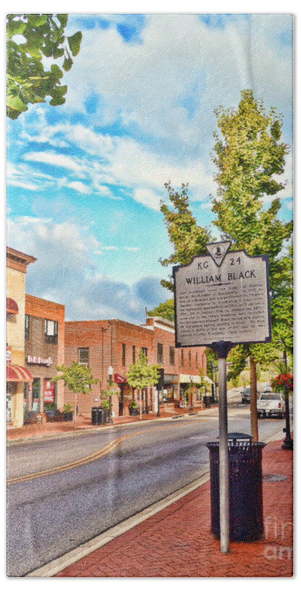 Downtown Blacksburg Virginia Hand Towel featuring the photograph Downtown Blacksburg with Historical Marker by Kerri Farley