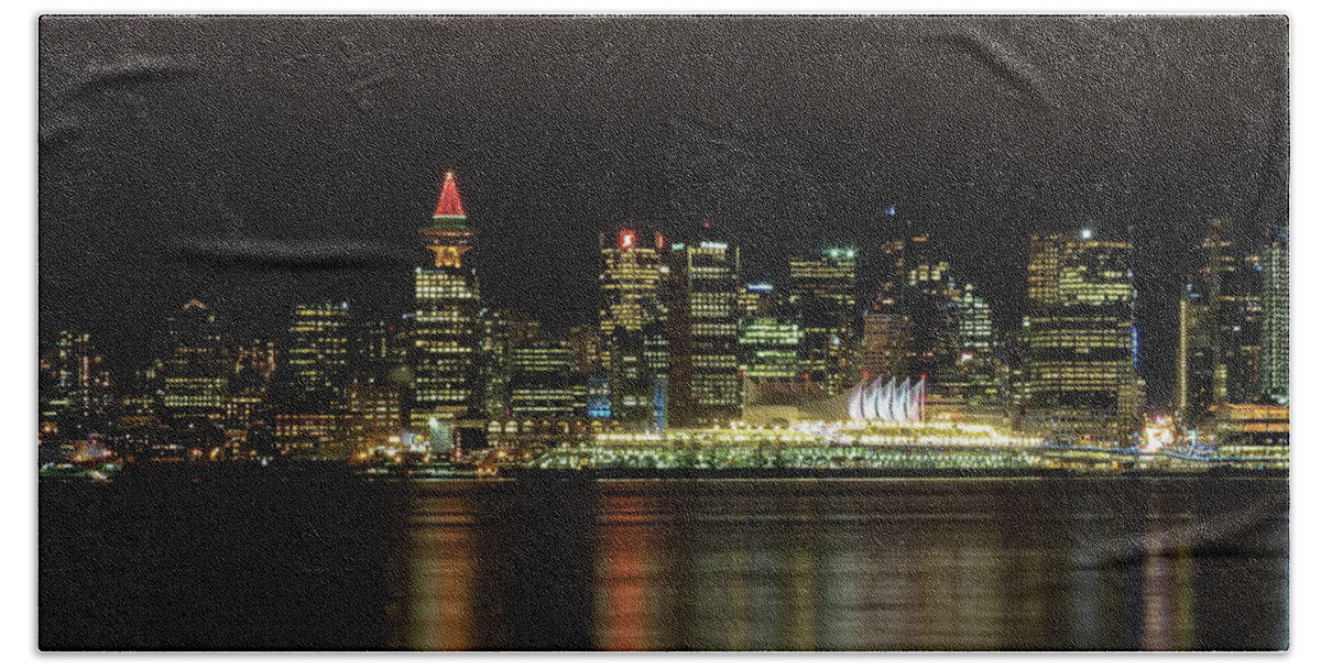 Alex Lyubar Bath Towel featuring the photograph Downtown of Vancouver City night time by Alex Lyubar