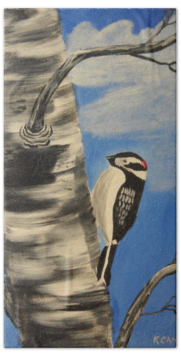 Landscape Bath Towel featuring the painting Downy Woodpecker by Kathie Camara