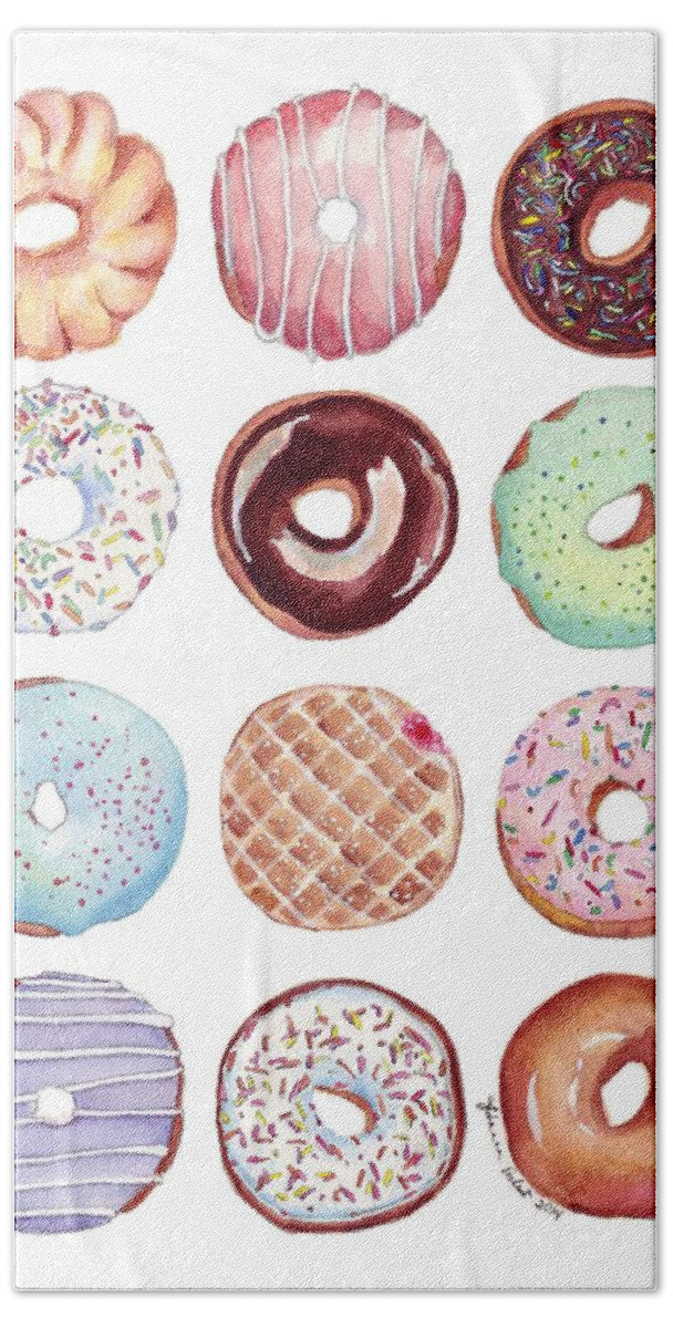 Donuts Bath Towel featuring the painting Dozen Donuts Watercolor by Johanna Pabst