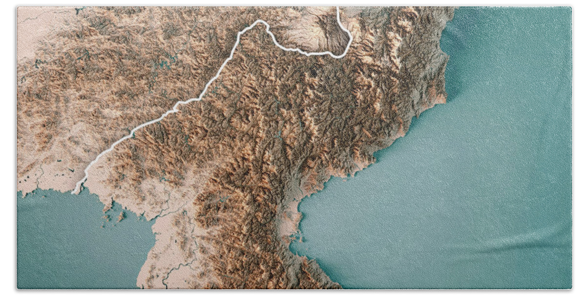 Dpr Korea Hand Towel featuring the digital art DPR Korea 3D Render Topographic Map Neutral Border by Frank Ramspott