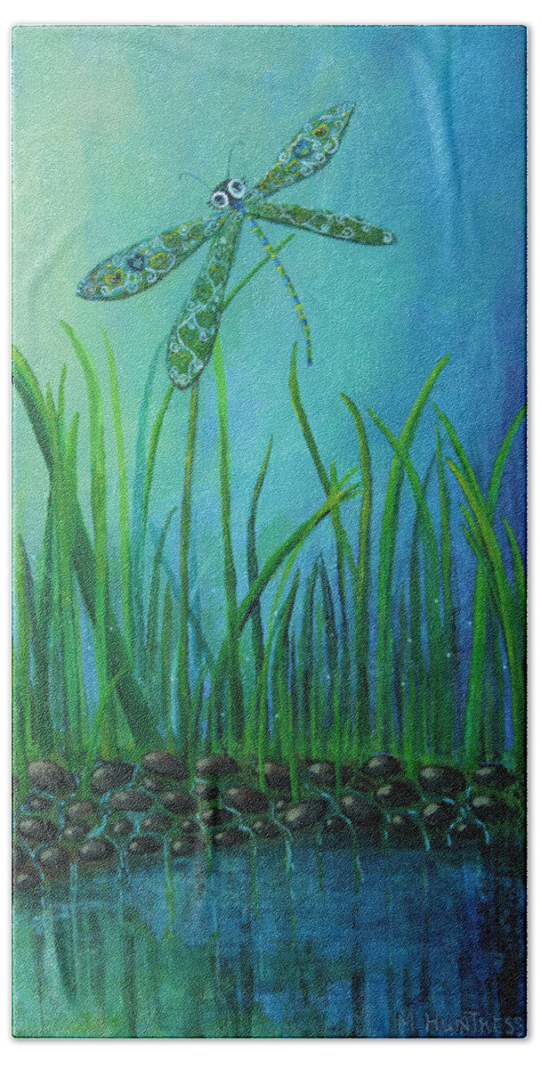 Dragon Fly Bath Towel featuring the painting Dragonfly at the Bay by Mindy Huntress
