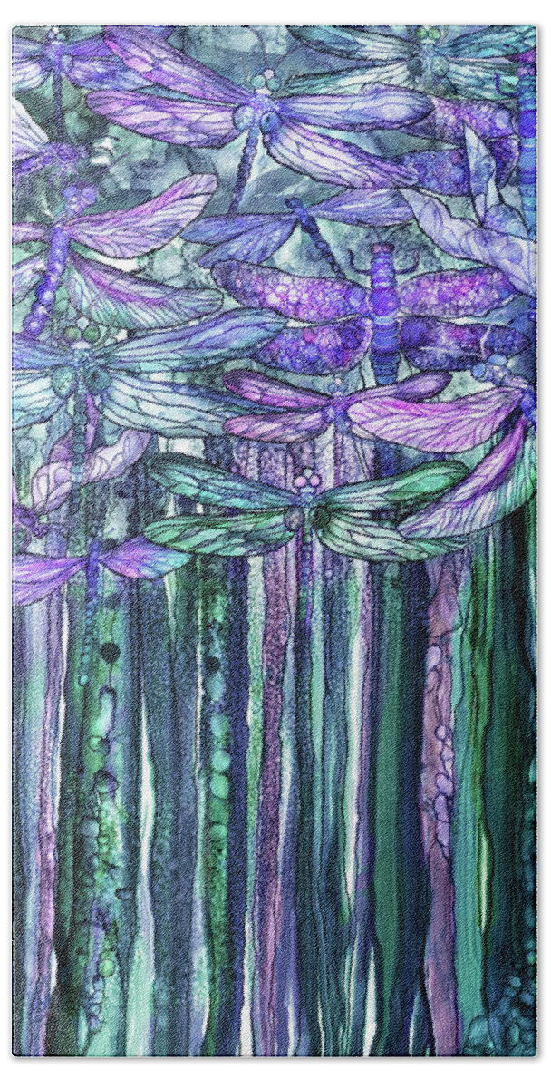 Carol Cavalaris Hand Towel featuring the mixed media Dragonfly Bloomies 1 - Lavender Teal by Carol Cavalaris