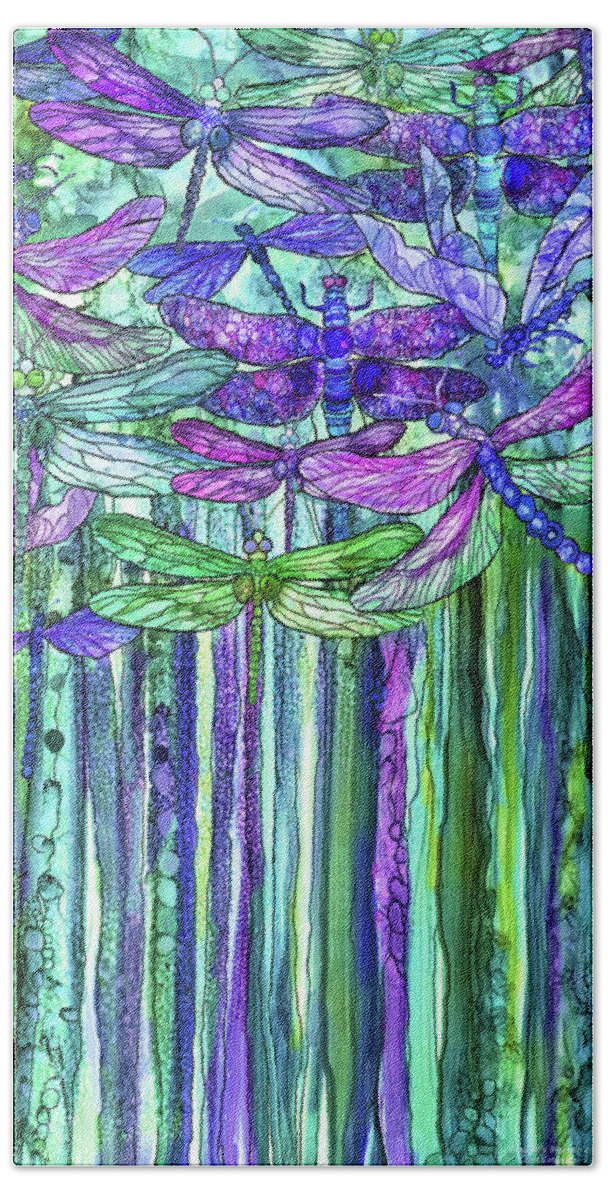 Carol Cavalaris Bath Towel featuring the mixed media Dragonfly Bloomies 2 - Purple by Carol Cavalaris