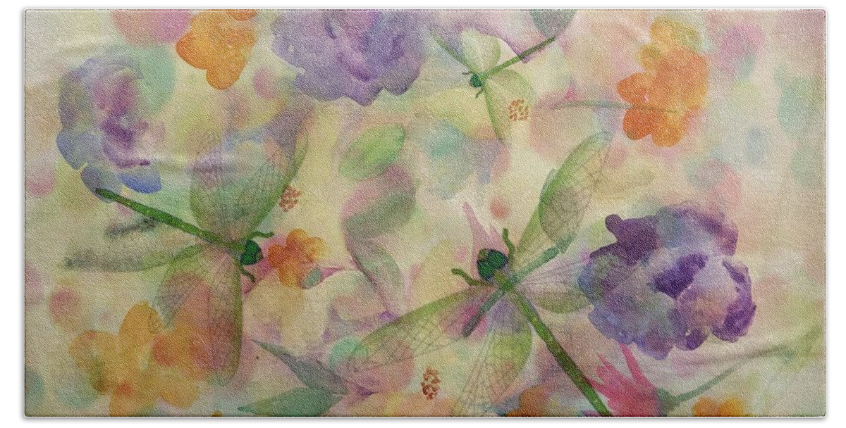 Dragonfly Dreams Bath Towel featuring the painting Dragonfly Dreams by Maria Urso