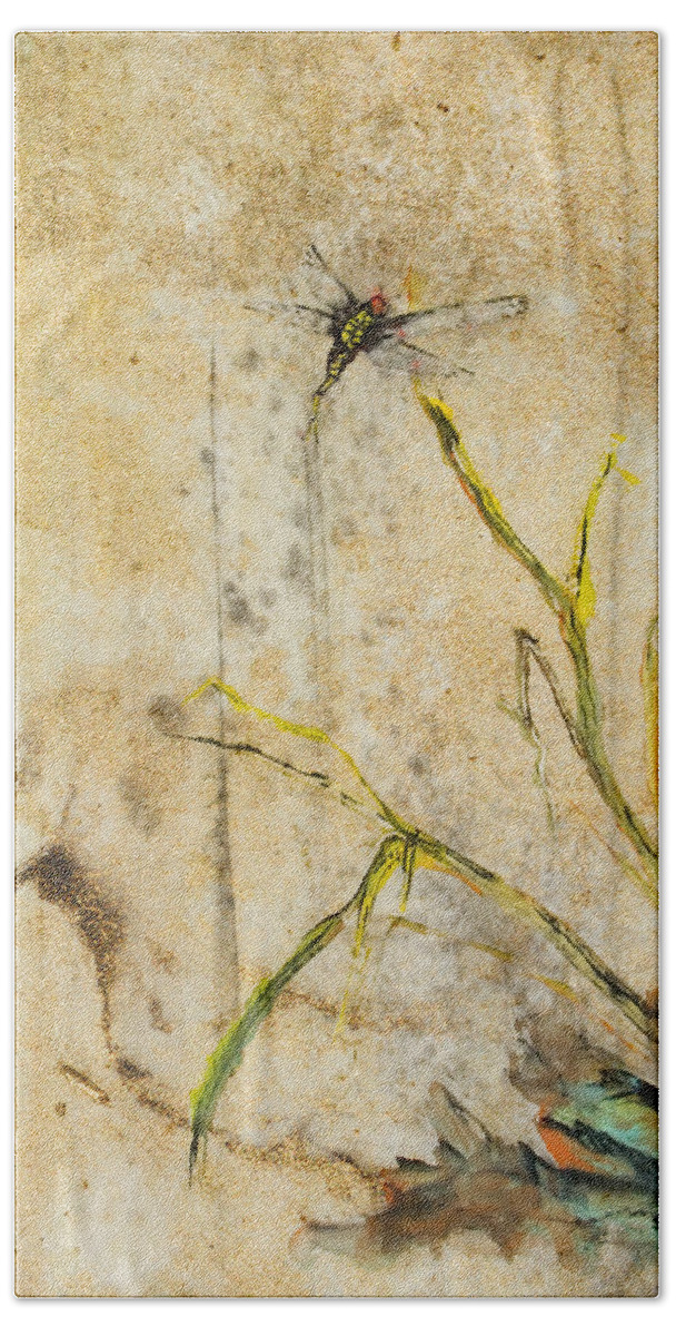 Dragon Fly Hand Towel featuring the photograph Dragonfly on withered grasses by Peter V Quenter