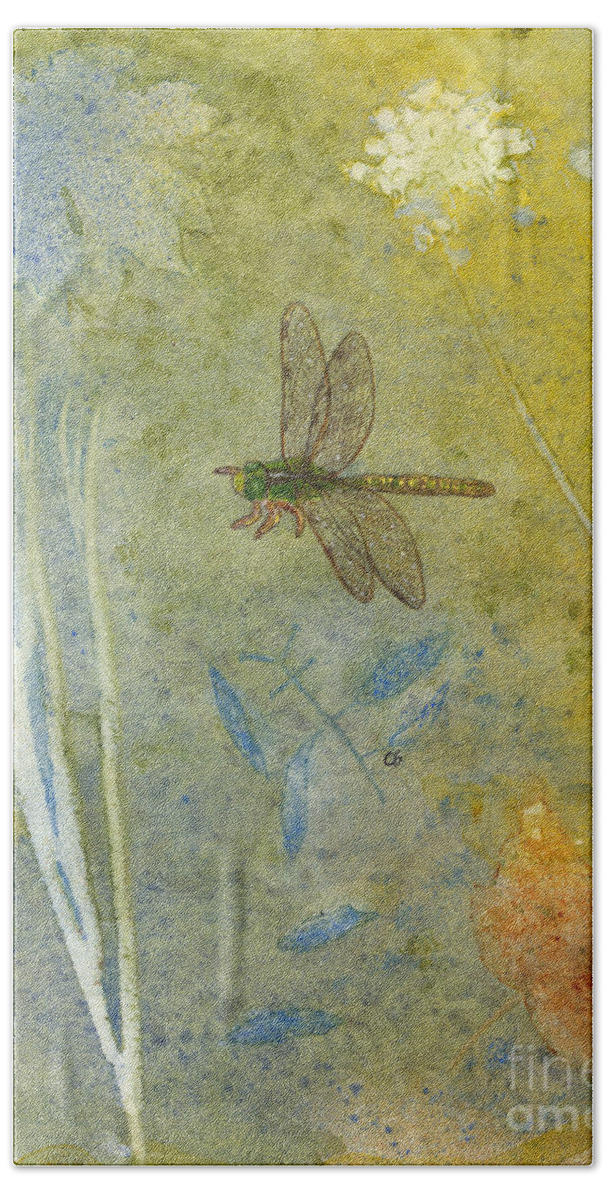 Dragonfly Bath Towel featuring the painting Dragonfly with Plant Impressions by Conni Schaftenaar