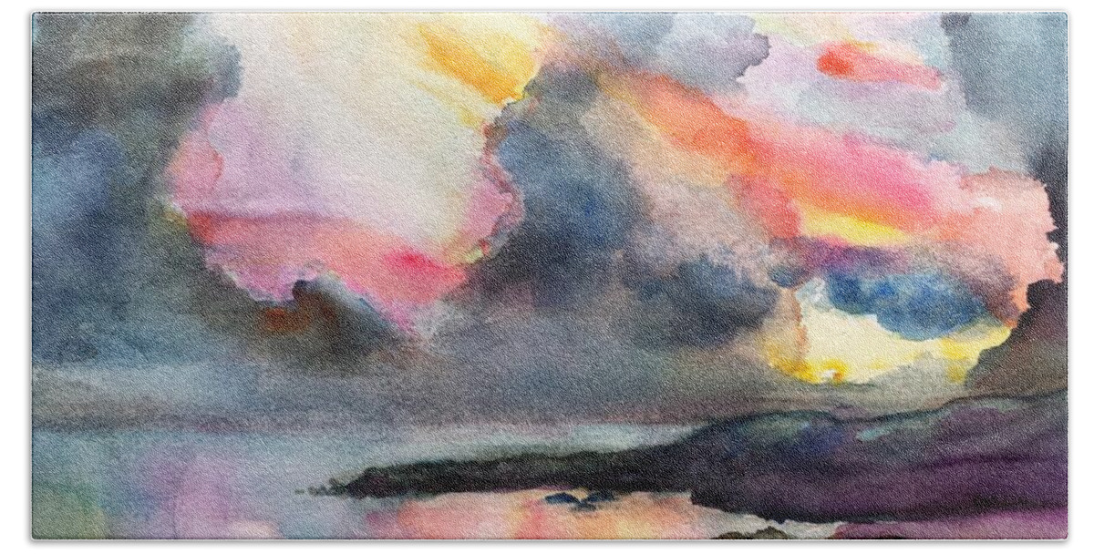 Sunset Bath Towel featuring the painting Dramatic Sunset on a Tropical Beach by Carlin Blahnik CarlinArtWatercolor