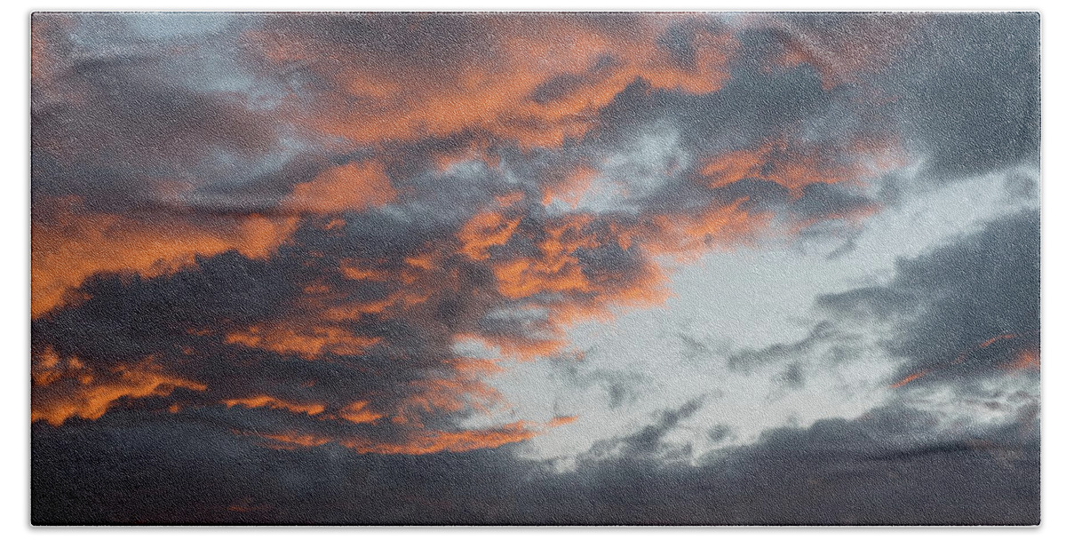 Stormy Clouds Bath Towel featuring the photograph Dramatic sunset sky with orange cloud colors by Michalakis Ppalis