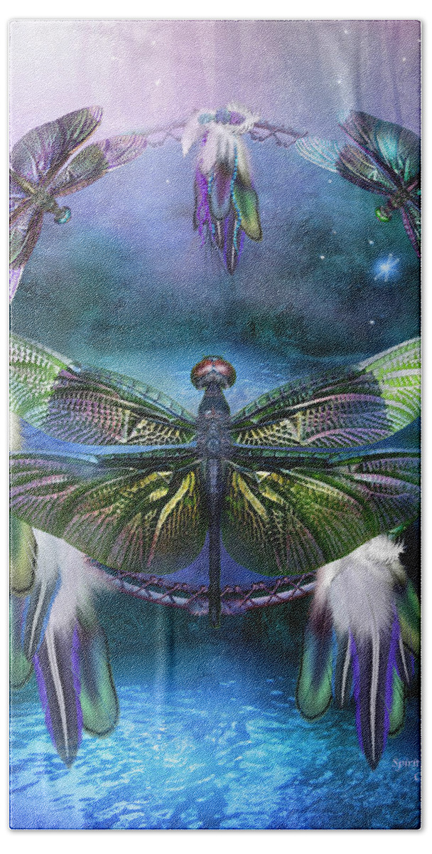 Carol Cavalaris Bath Sheet featuring the mixed media Dream Catcher - Spirit Of The Dragonfly by Carol Cavalaris