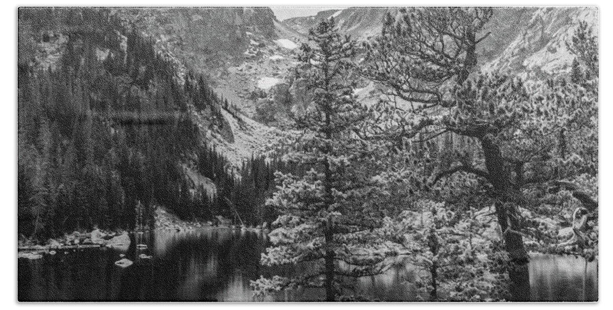America Hand Towel featuring the photograph Dream Lake and Hallet Peak - Colorado Mountain Landsdcape Monochrome - Square Format by Gregory Ballos