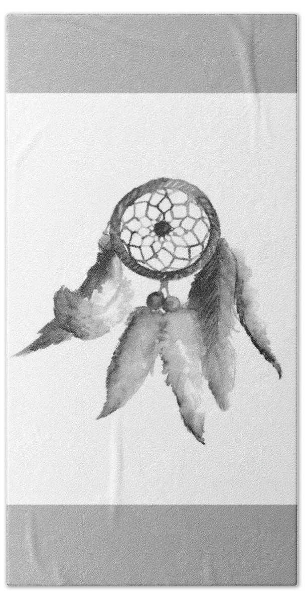 Prints Hand Towel featuring the painting Dreamcatcher Giclee Fine Art Print, Boho Feathers Illustration, Dream Catcher Wall Hanging by Joanna Szmerdt