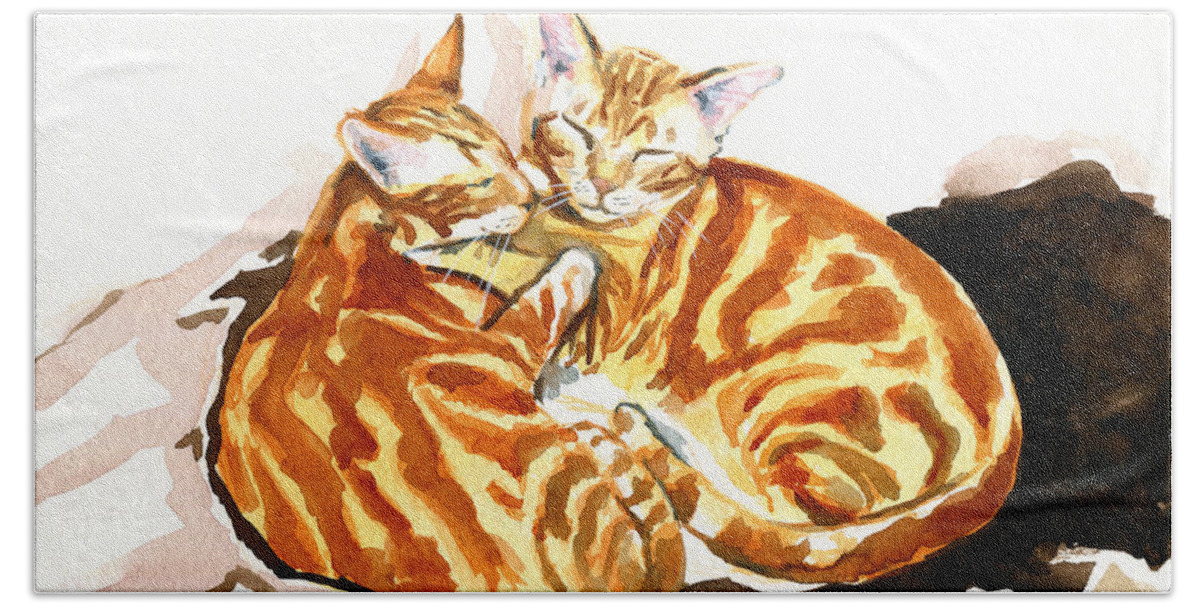Dreaming Of Ginger Hand Towel featuring the painting Dreaming Of Ginger - Orange Tabby Cat Painting by Dora Hathazi Mendes