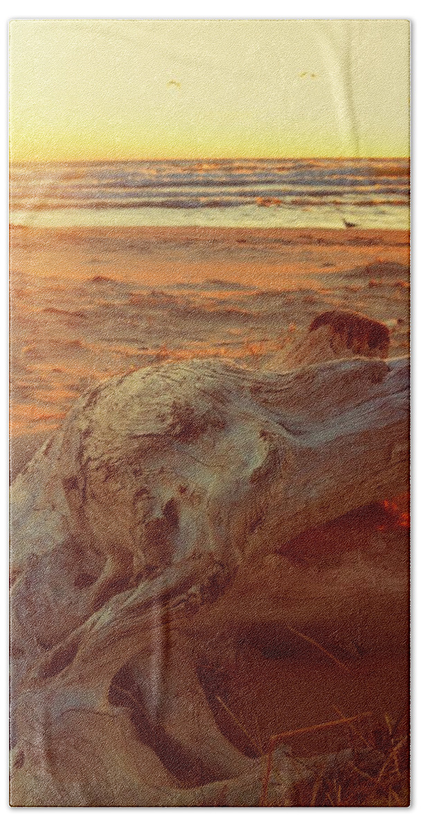 Sunset Bath Towel featuring the photograph Driftwood at Sunset by Michelle Calkins