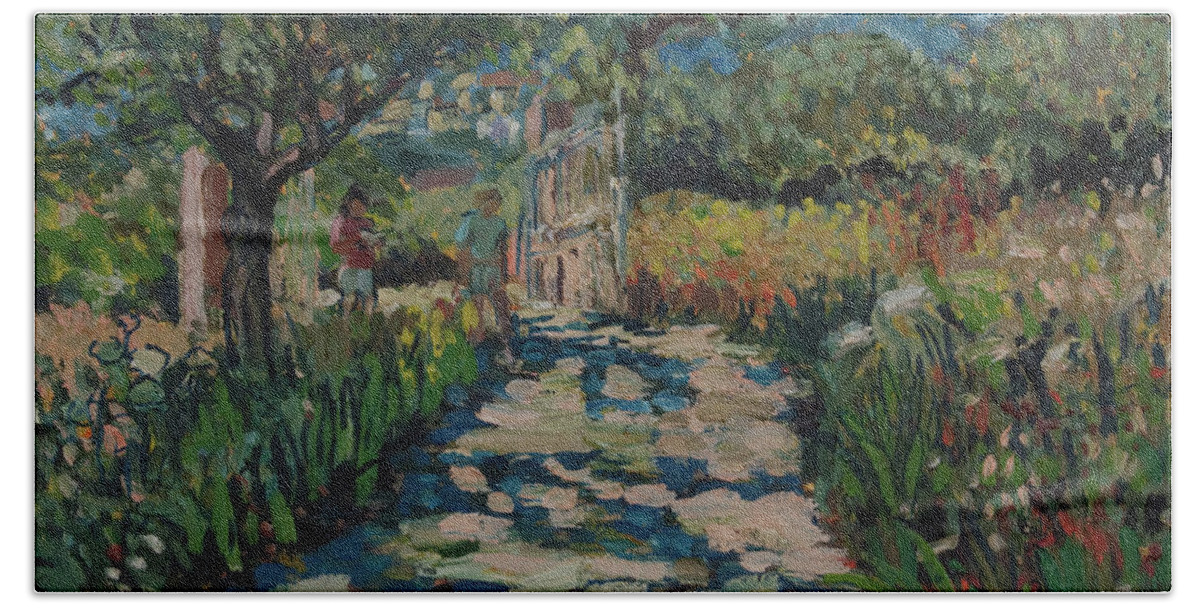 Painting Bath Towel featuring the painting Driveway to Neil Youngs villa on Skopelos by Peregrine Roskilly